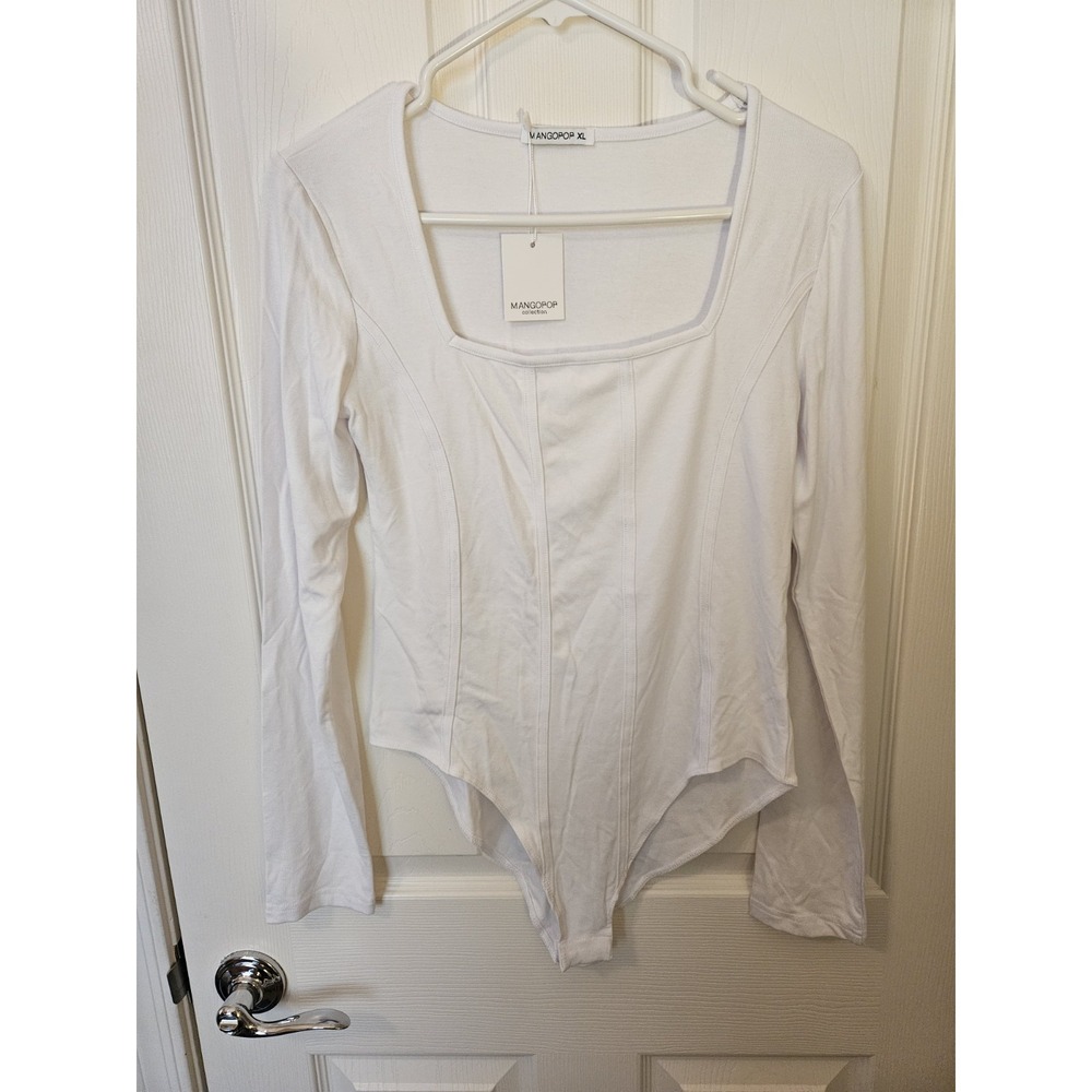 NWT Mangopop Women's White Square Neck Long Sleeve Bodysuit Corset - XL